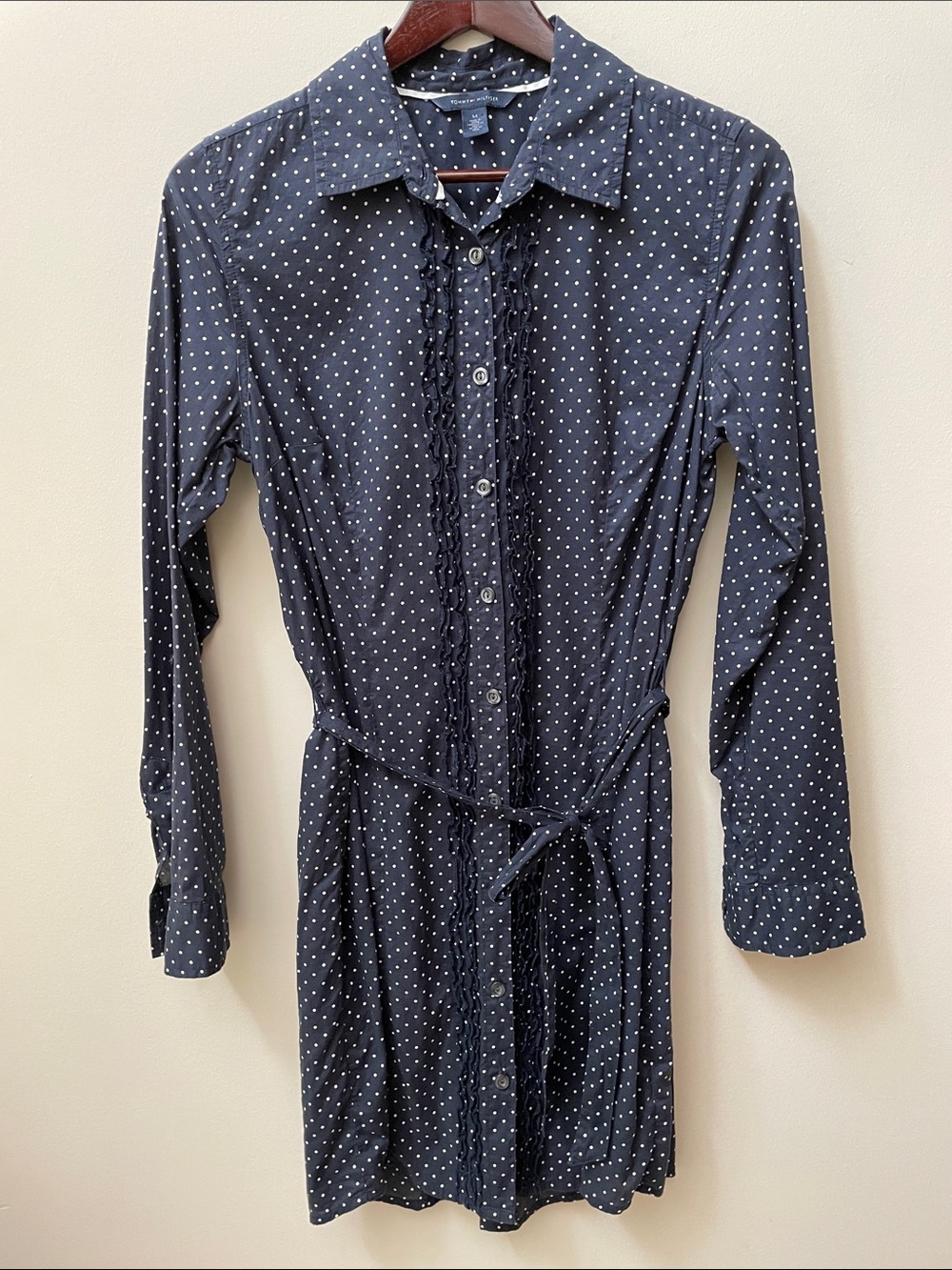 Tommy Hilfiger Navy and White Polka Dot Button-Down Shirt Dress